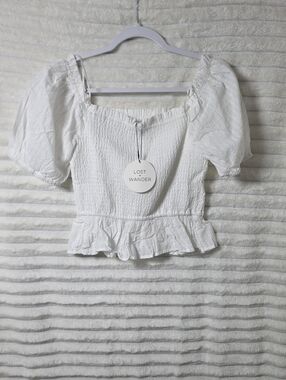 0375 Lost + Wander White Smocked Peplum Puff Sleeve Crop Top